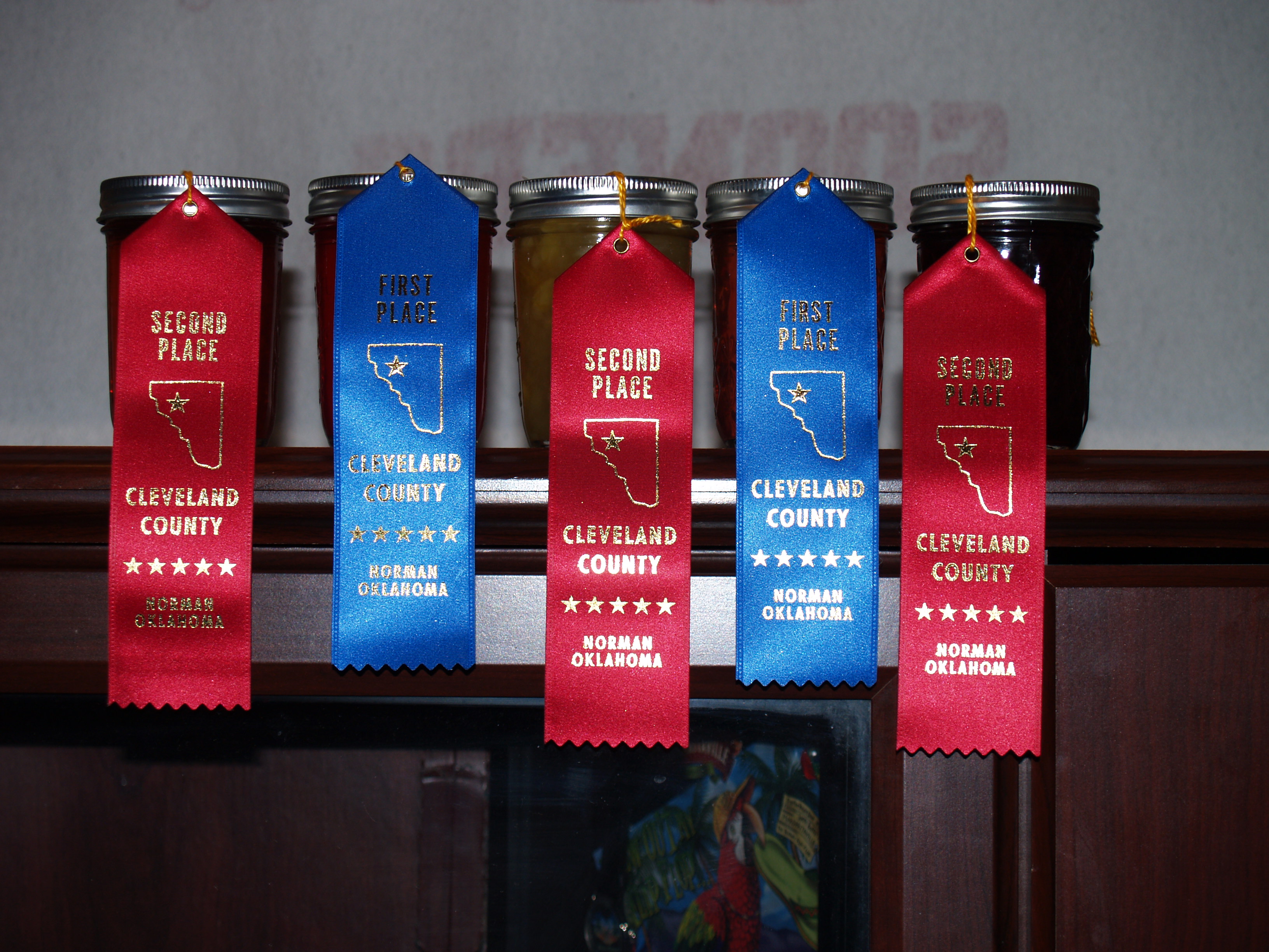 I entered twelve jars of different kinds of jelly/jam and I came home with eleven ribbons, one of them a blue first place ribbon!