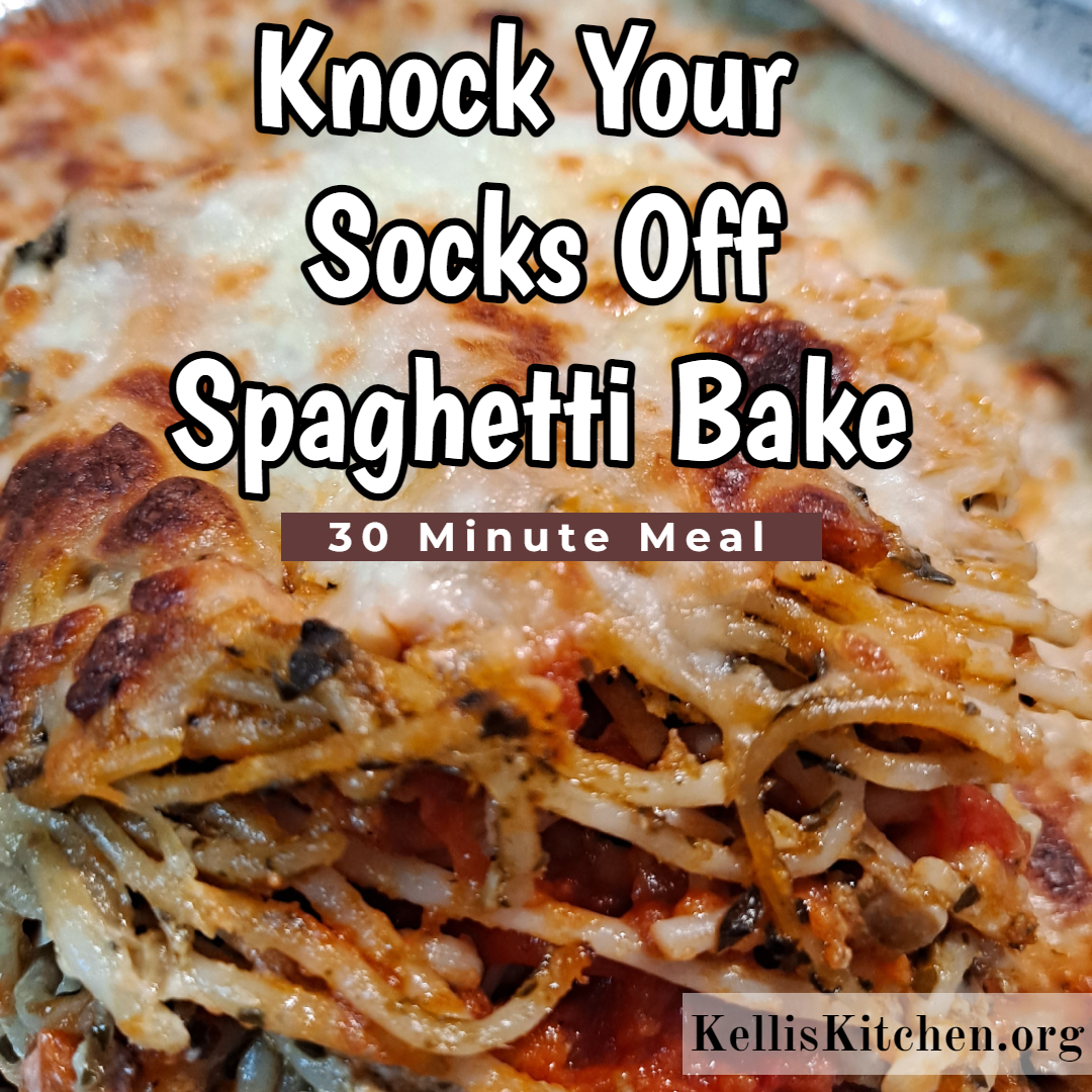 This photo shows, Knock Your Socks Off Spaghetti Bake, after baking, ready to serve in a baking dish. 